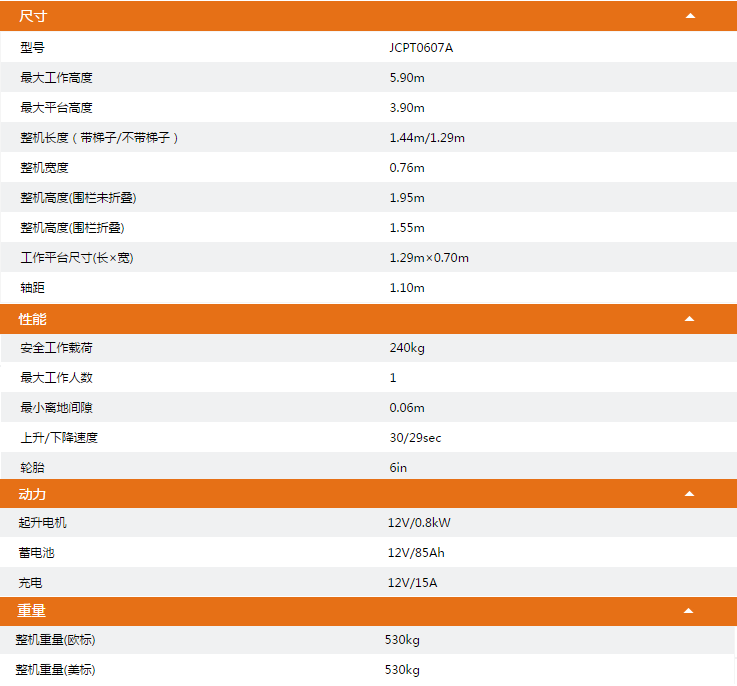 移動剪叉式高空作業(yè)平臺JCPT0607A技術參數